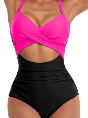 EOMENIE Tummy Control Cutout High Waist Hot Pink & Black Tie Back 1 Piece Suit